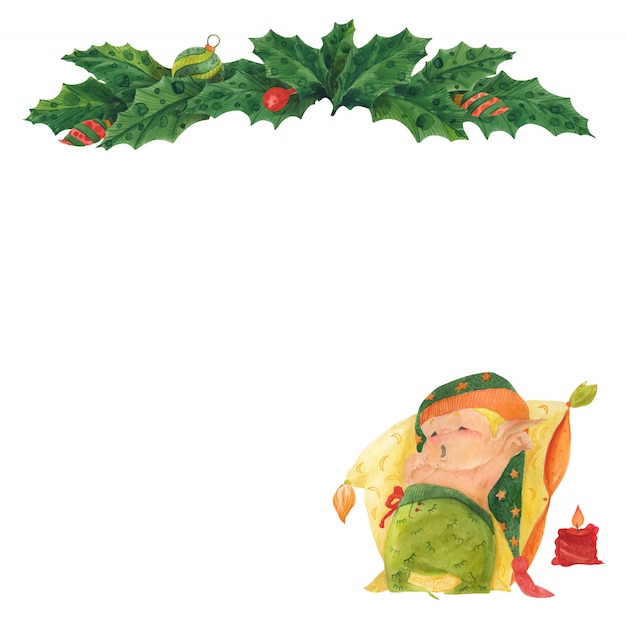 Vector christmas greeting card with holly and sleeping elf