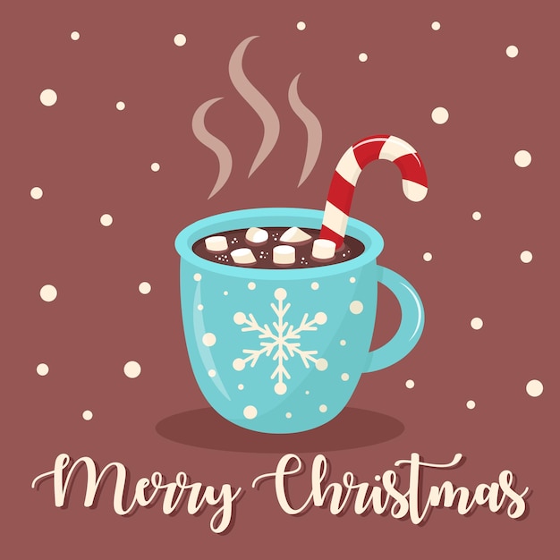 Вектор Рождественская открытка с кружкой горячего шоколада, зефира и леденца. с рождеством христовым текст. идет снег.