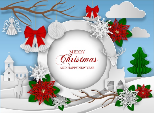 Vector christmas greeting card with paper elements. christmas background with paper landscape