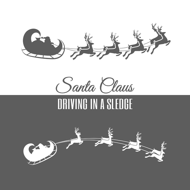 Christmas greeting card with retro label santa claus driving in a sleigh and deers happy new year vector illustration