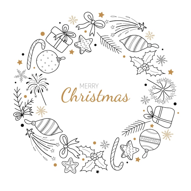 A Christmas greeting card with a simple doodle style with gold and black elements. vector