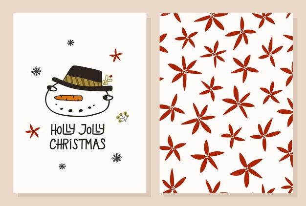 Christmas greeting card with smiling snowman in hat Vector seamless pattern with stylized poinsettia