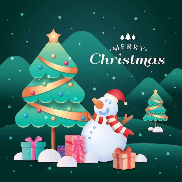 Christmas greeting card with snowman and Christmas tree Vector Image.