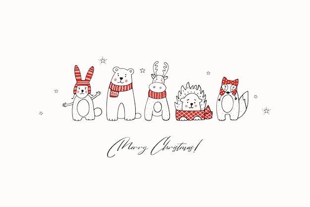 Рождественская открытка со стилизованными животными в зимней одежде