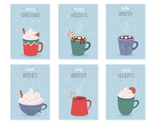 Vector christmas greeting cards collection christmas hot drinks hot chocolate coffee