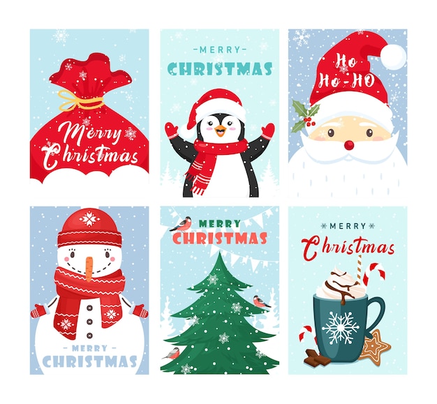 Christmas greeting cards templates set. Cute winter holidays postcards collection.