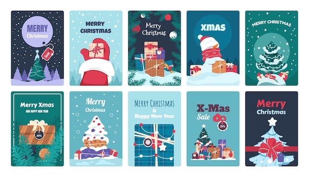 Christmas greeting cards Winter holiday postcards Collection of Xmas posters and sale promotion labels with decorative fir trees presents and snowman Vector celebrative wishes set