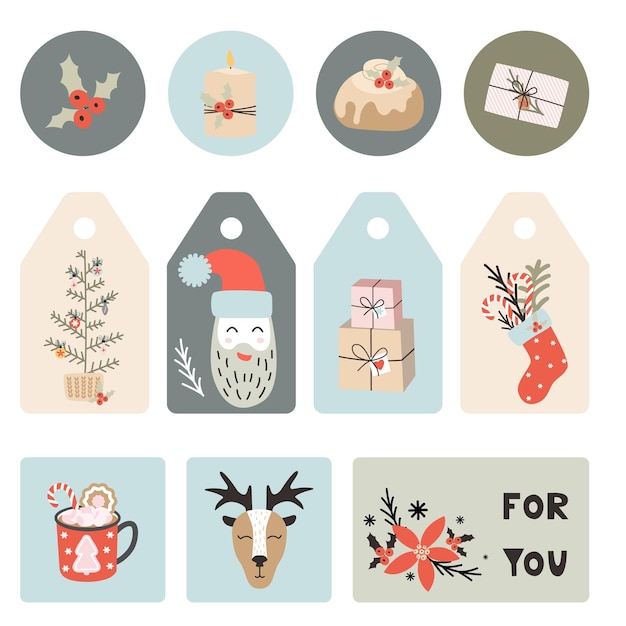 Christmas greeting gift tags set in flat style.