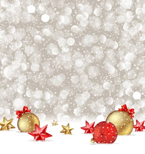 Christmas greeting illustration with baubles and stars on a snow