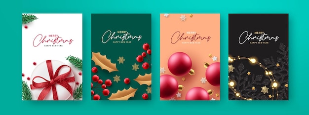 Christmas greeting set vector poster design. Merry christmas and happy new year gift card lay out