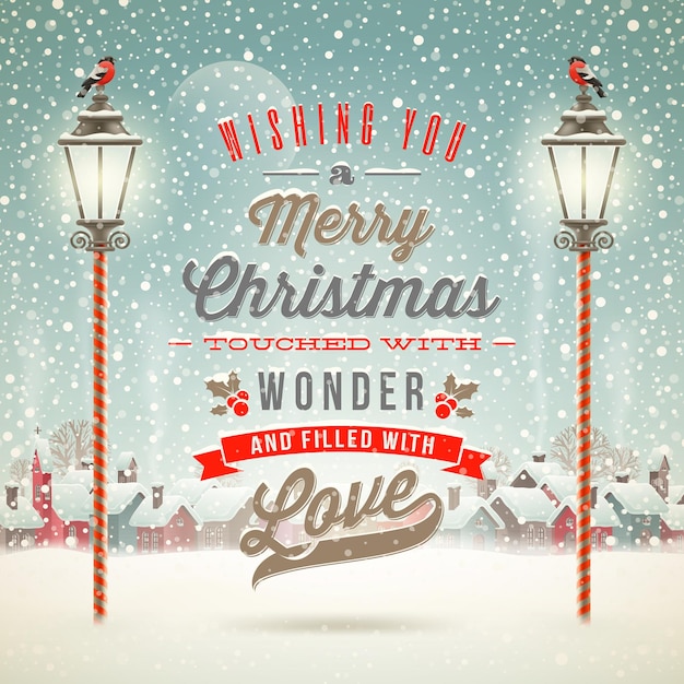 Christmas greeting type design with vintage street lantern against a winter town