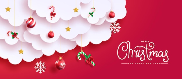 Christmas greeting vector design merry christmas and happy new year text with paper cut clouds