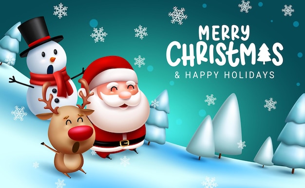 Christmas greeting vector design Merry christmas text with cute santa claus reindeer and snowman