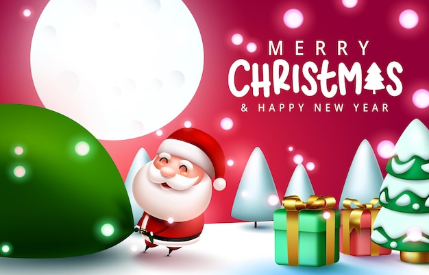 クリスマスの挨拶のベクトルのデザインサンタクロースのキャラクターの袋とギフトとメリークリスマスのテキスト