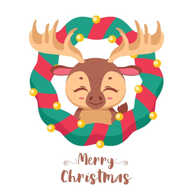 Vector christmas greeting with a jolly moose and festive wreath