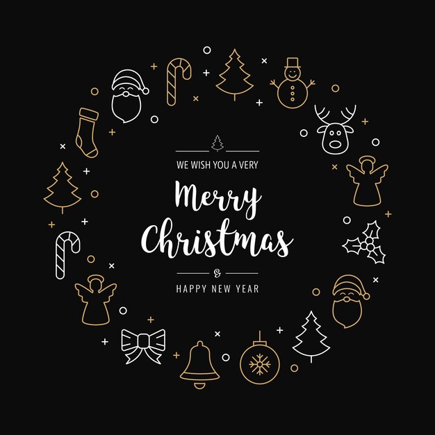 Vector christmas greeting wreath icons elements circle golden black background