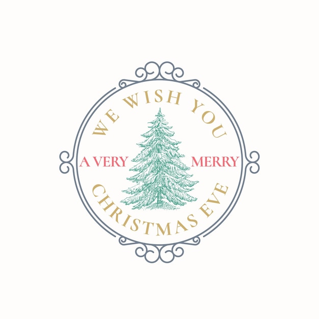 ベクトル クリスマスの挨拶抽象的なベクトルレトロフレームラベル、サインまたはロゴテンプレート。タイポグラフィとカラフルな手描きの松の木のスケッチイラスト。孤立。