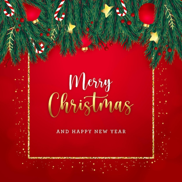 Christmas greetings card with firtree decorations and golden glitter