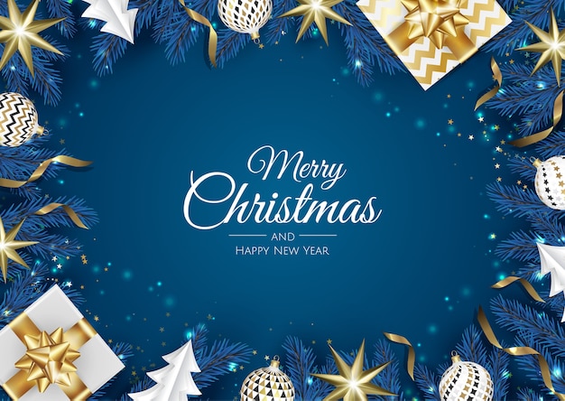 christmas greetings. top view gift box, xmas decoration balls and gift box