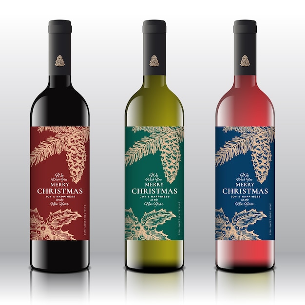 Vector christmas greetings wine bottle labels concept.