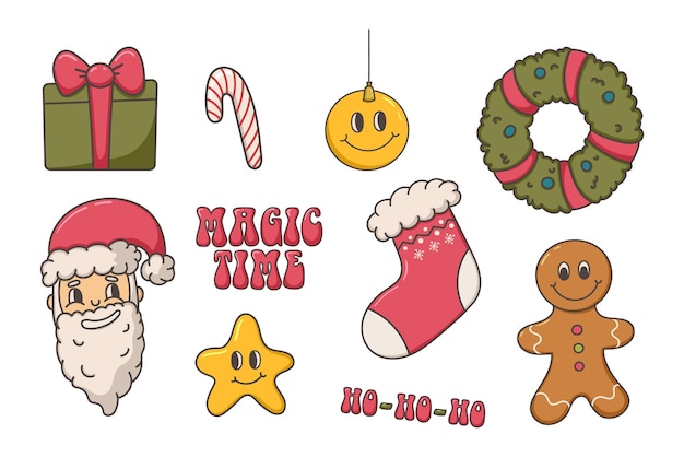 Christmas groovy set of elements, trendy 70s 80s style, cartoon style, santa, gingerbread cookie