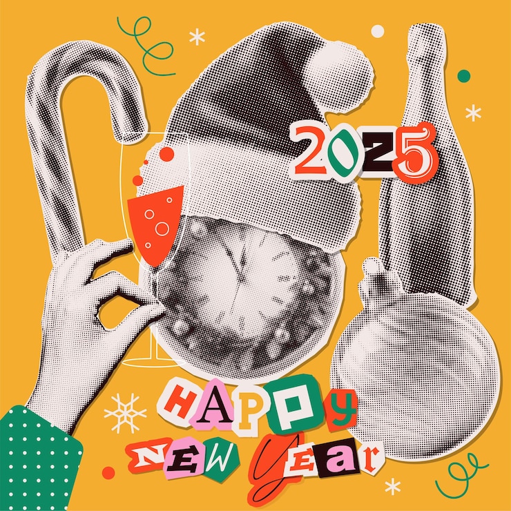 Vector christmas halftone collage cut outs set various paper clipping shapes of new year stickers with