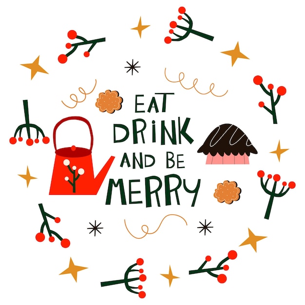 타이포그래피 달콤한 파이 쿠키와 빨간 찻주전자 절연 엘로 크리스마스 손 그리기 그림