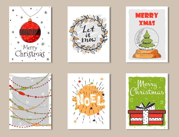 Christmas hand drawn card set. Doodle vector illustration.