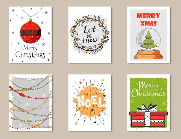 Vector christmas hand drawn card set. doodle vector illustration.