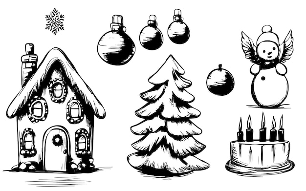 Christmas hand drawn doodle icon set merry xmas happy new year symbol retro sketch style cute house