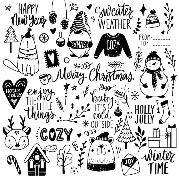 Christmas hand drawn doodle illustration. Xmas, Happy new Year set in sketch style. Snowman, cute bear, gnome,ugly sweater, cat, lettering. Decoration for winter holidays.