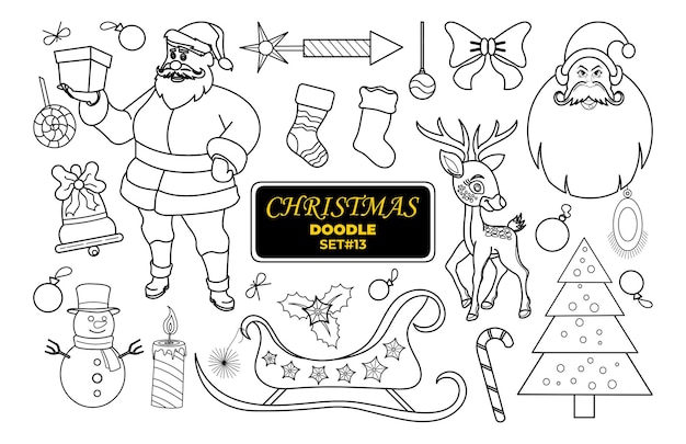 Рождественские рисованные каракули Счастливого Рождества Набор цифровых марок