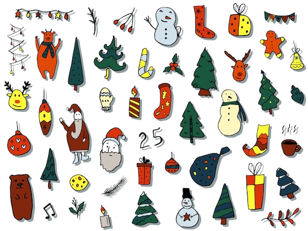 Christmas hand-drawn doodles.  Winter and New Year black outline icons