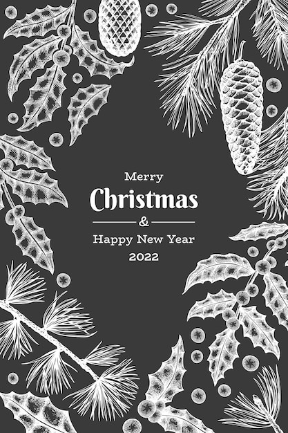 クリスマス手描きグリーティングカードデザインテンプレート。チョークボード上のビンテージスタイルの植物画。冬の植物のクリスマス。