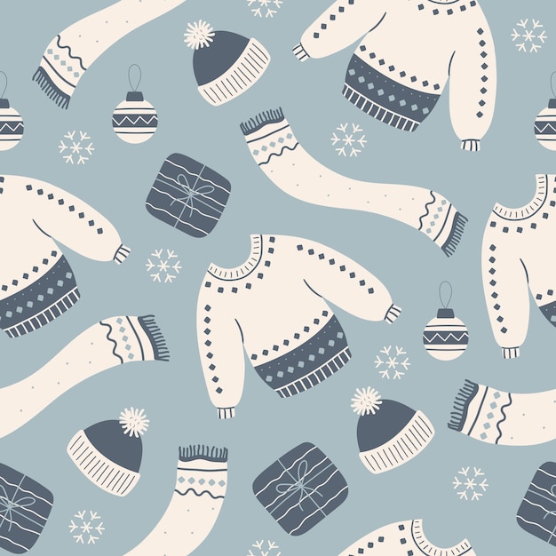 겨울 요소와 크리스마스 손으로 그린 원활한 패턴 따뜻한 모자 스카프 크리스마스 볼 스웨터