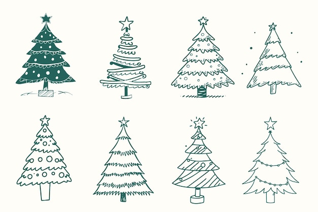 christmas hand drawn tree set design elements isolated on white background