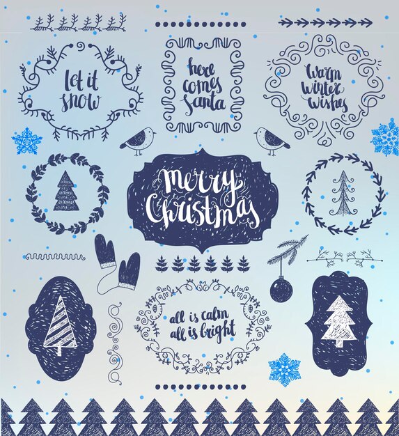 christmas hand drawn vector design elements typographic elements symbols icons vintage labels badges frames illustrations set flourishes calligraphic