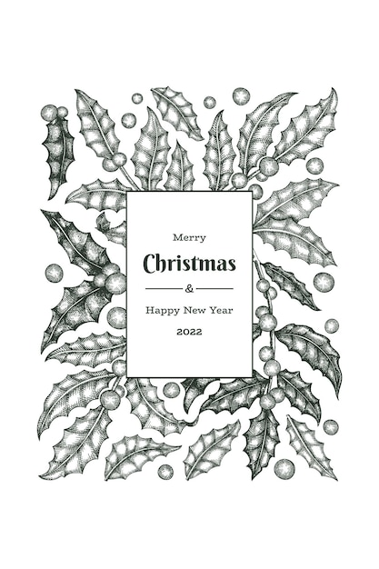 Vettore modello di disegno del biglietto d'auguri vettoriale disegnato a mano di natale illustrazione botanica in stile vintage banner natalizio per piante invernali