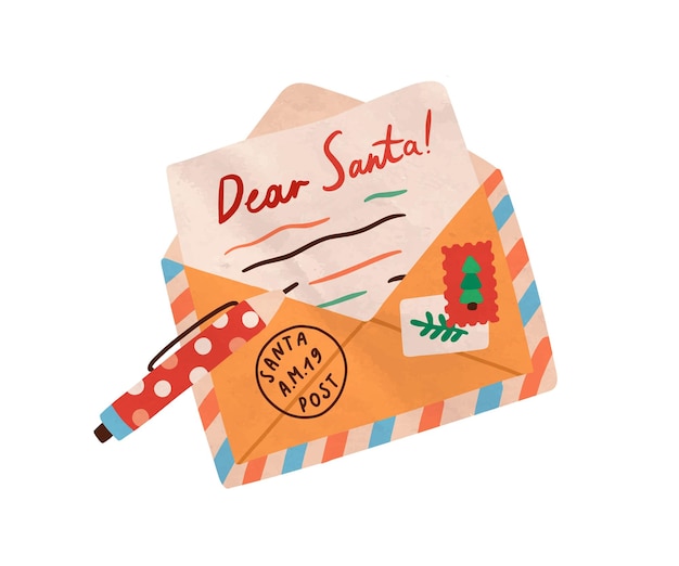 Christmas handwritten wish letter to Santa Claus. Pencil and open post envelope on Xmas eve. Traditional written paper mail to North Pole. Colored flat vector illustration isolated on white background