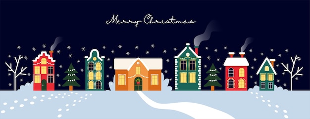 Vector christmas and happy new year border village street with houses christmas trees and snow