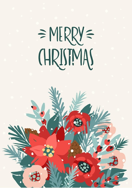 부케가 포함된 크리스마스 및 새해 복 많이 받으세요 카드 트렌디한 복고 스타일 벡터 디자인 템플릿
