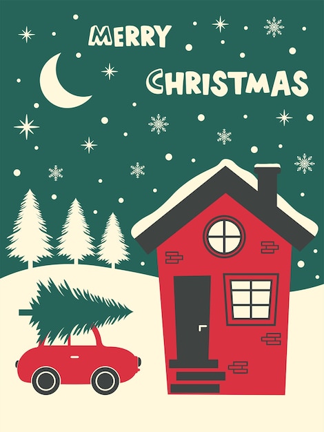 冬の村の家とクリスマスと新年あけましておめでとうございますカード。メリークリスマス