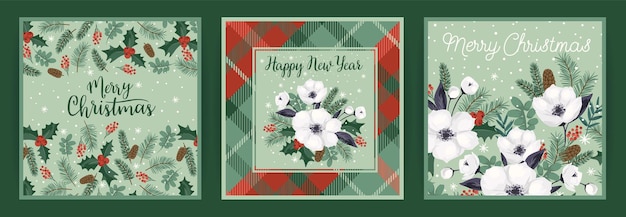 Christmas and Happy New Year cards with Christmas tree and white flowers Vector design