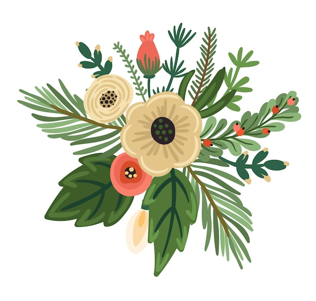 Christmas and Happy New Year flower arrangement Christmas tree flowers berries Isolated illustration