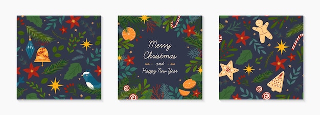 Christmas and Happy New Year greeting banner and seamless patterns