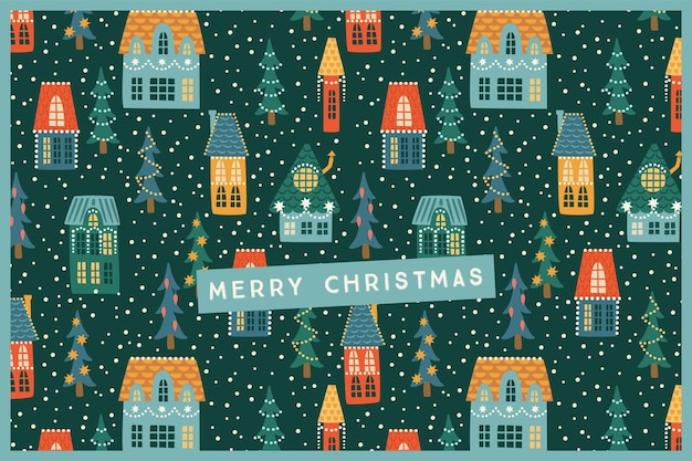 クリスマスと新年あけましておめでとうございますのイラスト。都市、家、クリスマスツリー、雪。