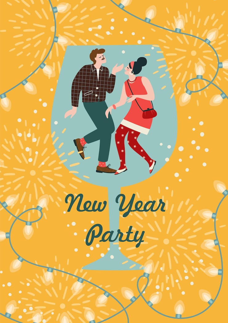 Vector christmas and happy new year illustration of dance party trendy retro style vector design template