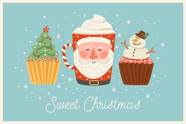 クリスマスのお菓子と飲み物とクリスマスと新年あけましておめでとうございますのイラスト。