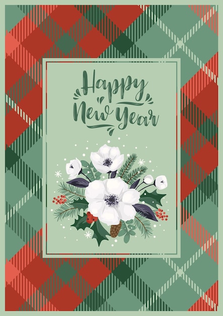 Illustrazione di natale e felice anno nuovo con albero di natale e fiori bianchi disegno vettoriale