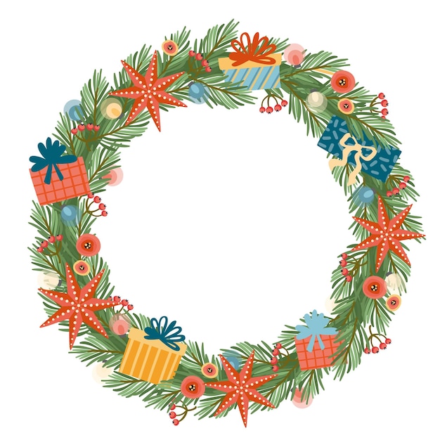 Christmas and Happy New Year illustration with Christmas wreath.